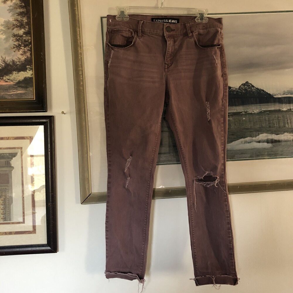 Express Mid Rise Ankle Leggings Red Distressed Skinny Jeans Sz 6 A2860